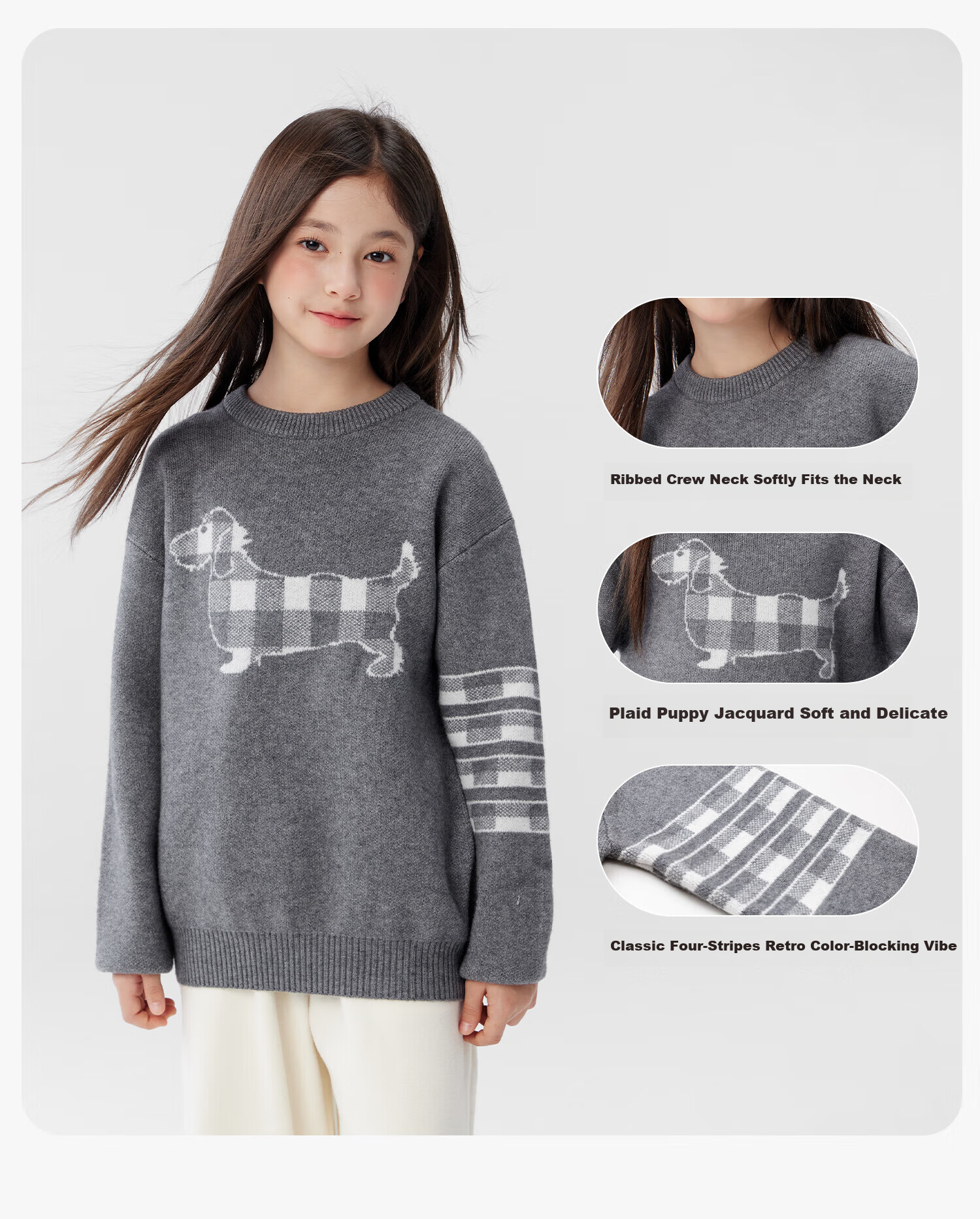 Zoxi Girls Sweater Autumn Winter Sausage Dog 2025 New Big Kids Warm Knitted Top Gray 150 11